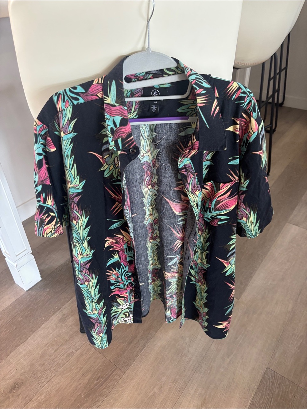 Volcom Black Button-Up Shirt with Pink & Green Tropical Print